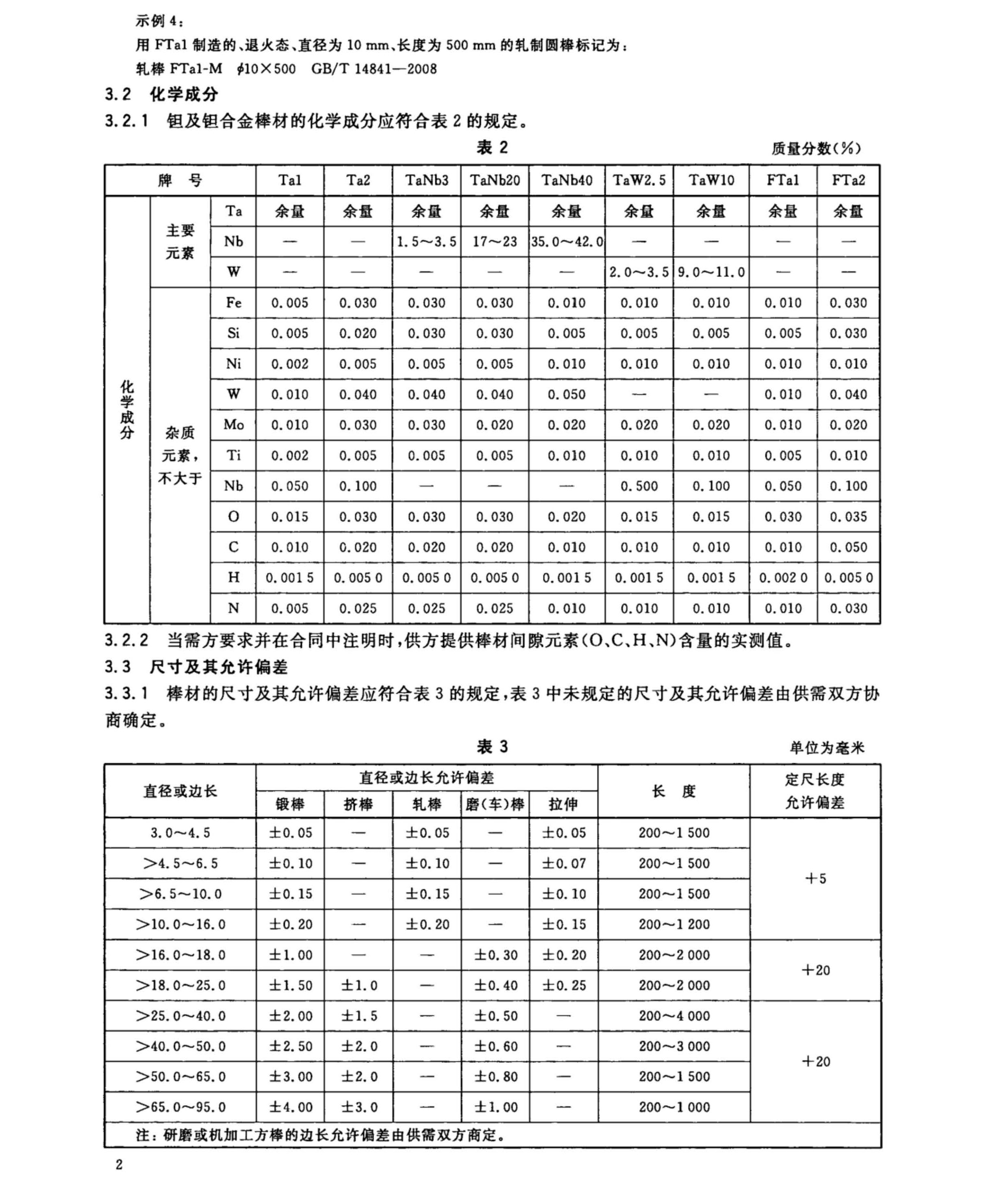 钽棒最新国家标准GB/T14841一2008